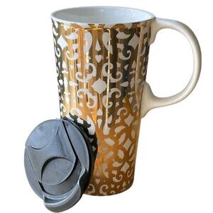 CYPRESS HOMES 17oz gold foil lace design travel mug handle celestial holiday EUC